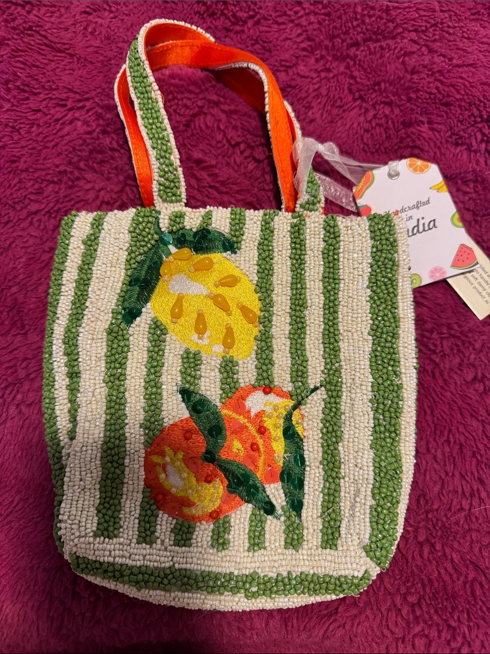 Hand Crafted Beaded Citrus Tote - Green, Cream & Orange
